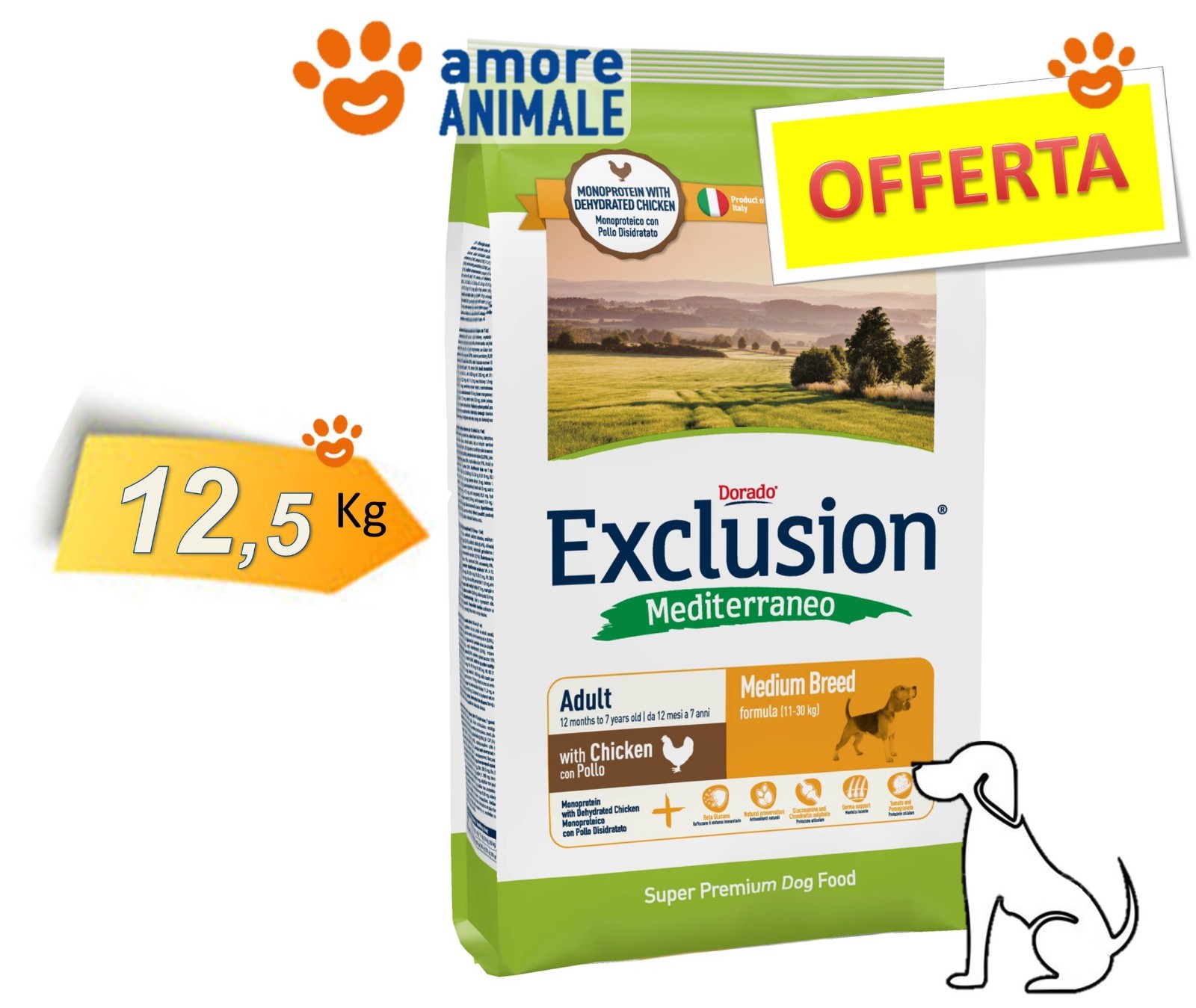 Exclusion Dog Mediterraneo Pollo 12,5 kg Cane Medio | Prezzo Offerta