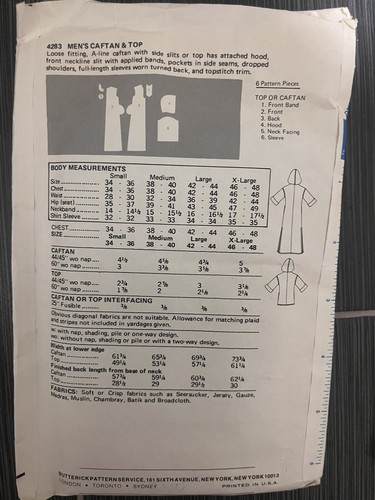 BUTTERICK Fast & Easy pattern 4283 vintage 70s MEN'S CAFTAN SHIRT M 38-40 Uncut - Picture 2 of 2