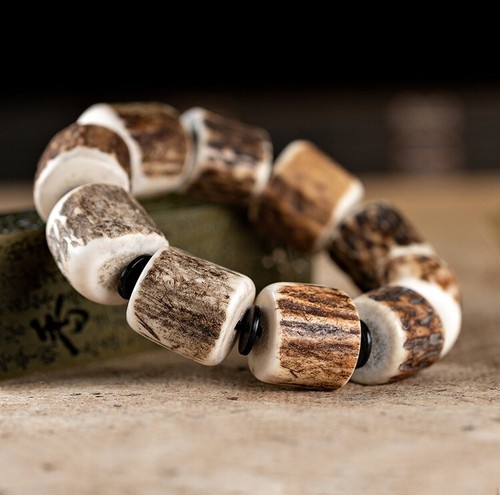 Natural Elk Antler Stag Roll Bead Bracelet Amulet Gift - Photo 3/3