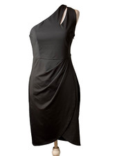 Zalalus Black One Shoulder Cutout Ruched Slit Bodycon Wrap Knee Length Dress M