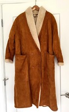 Vintage Womens Lambskin Suede Leather Shearling Long Coat Caramel Cognac Size 42