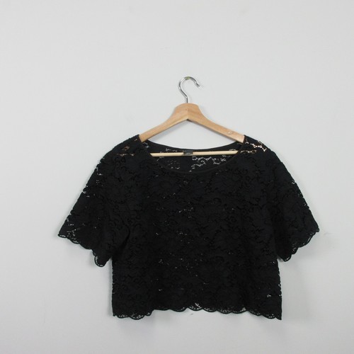 Club Monaco Lace Cropped Top Women's M Black Button Back 3/4 Sleeve Blouse 174
