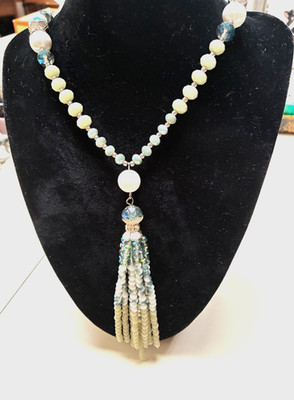 Vintage Abigail Blue Beaded jade and white crystal beads with large tassel 19 in