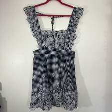 Forever 21 Sz L  Summer Gingham Pinafore Dress Open Back Embroidered Cottagecore