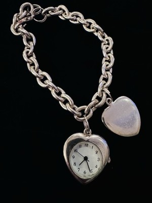 Silver Tone Heart Charm Watch Heavy Chain Bracelet Stainless Steel Quartz