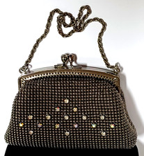 Vtg Small Black  Silver Evening Bag Sparkle Stones Chain Link Handle