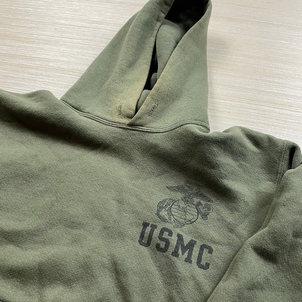 Sudadera con Capucha Vintage USMC Marines Verde Oliva Hecha en EE. UU. Pequeño Ejército Años 90 Soffe Foto 2 de 4