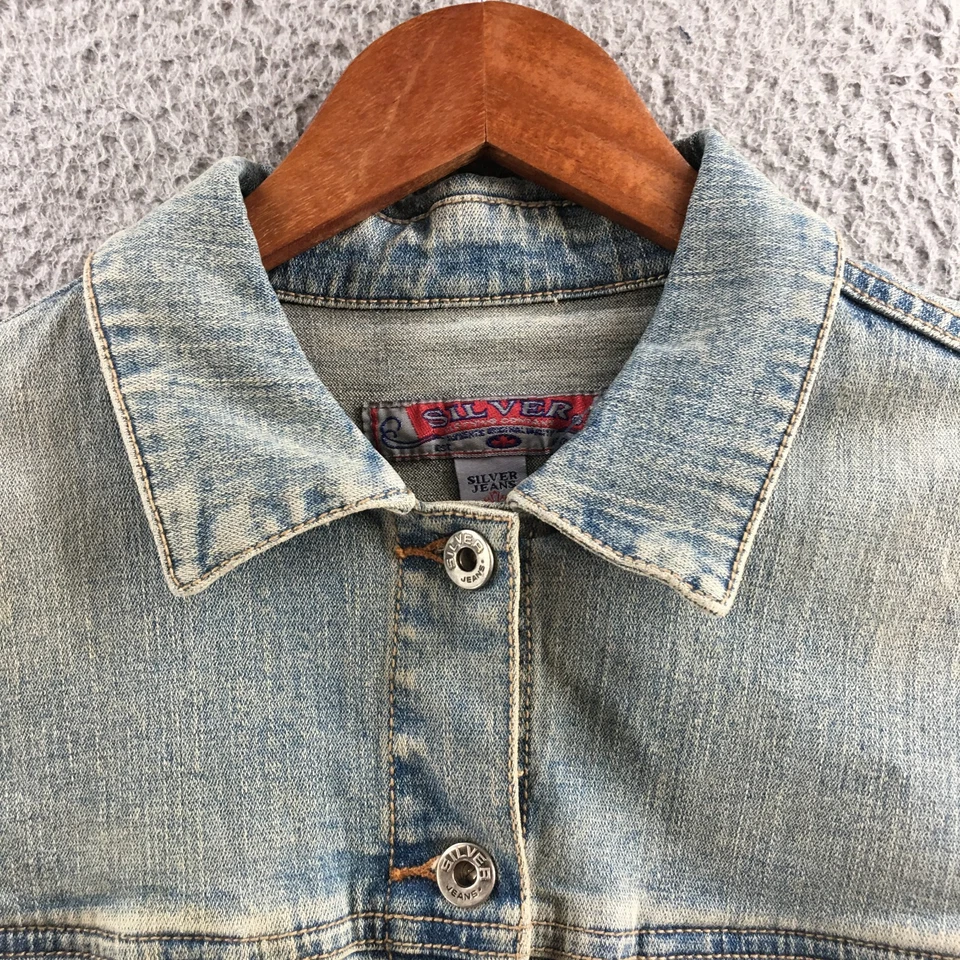 Chaqueta vaquera plateada para mujer M azul mezcla de algodón cuello mangas largas Foto 3 de 4