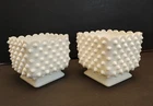 2 VINTAGE HOBNAIL MILK GLASS SQUARE PEDESTAL PLANTERS WITH SCALLOPED EDGES 4"