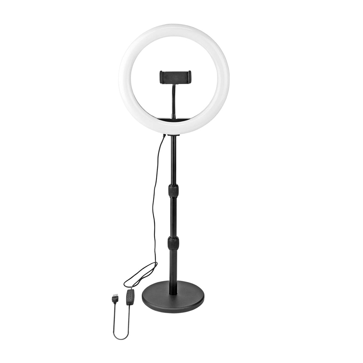 Anneau lumineux LED 10 pouces Nedis noir trépied de bureau et support de téléphone flexible