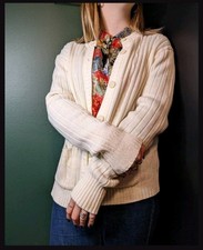 Vintage Sears Knit Cardigan Sweater Cream Ivory Button Up 80s Made in Korea