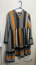 SHEIN XS Black White Mustard Polka Dot V-Neck Bell Sleeve Mini Dress