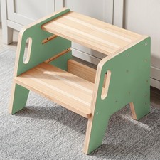 Toddler Step Stool 3 Height Adjustable Wooden Kids Stool Bathroom Kitchen Green