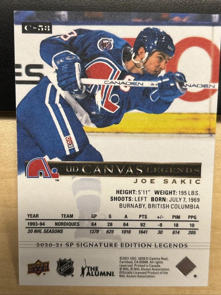 2020-21 20/21 SP Signature Edition Legends UD Canvas C-53 Joe Sakic Nordiques - Image 2 of 2