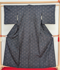 Authentic Japanese Kimono Pure Silk Hitoe Black White Geometric Flowers Kasuri