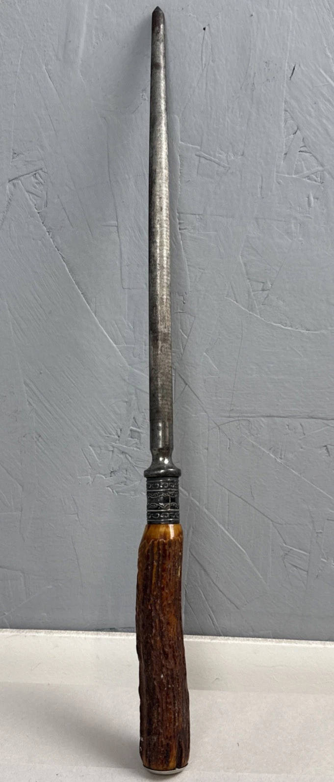 Vtg Knife Sharpening Honing Rod Steel Sterling Silver Collar Antler Handle 14”