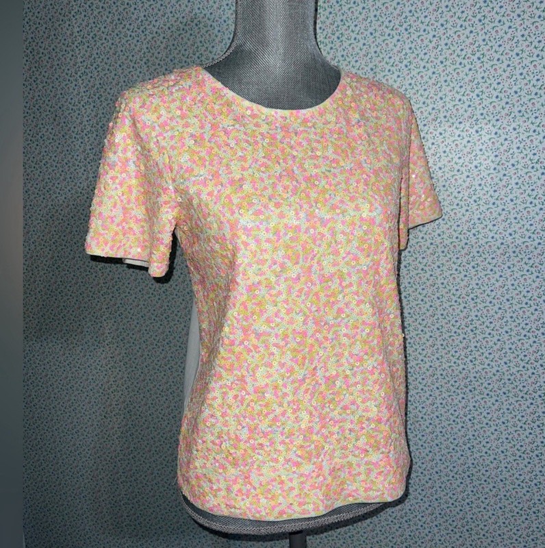 J.CREW Women's Pink Sequin Multi- Color Short Sleeve Cotton Top Blouse XS CUTE