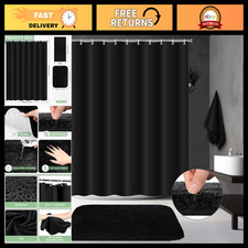 3 Pcs Bathroom Curtain Set with Shower Rug  Towel, Black - Stylish Home Decor