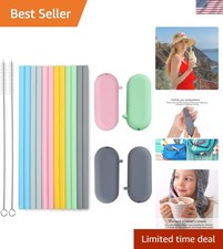 Silicone Straws Reusable - Odorless, 12 Standard Drinking Straws, 4 Carry Pou...