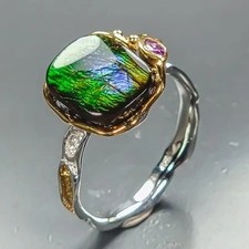 Feiner Designerring-Bandring 925er Silber-Ammolite-14ct Gold - RG gut 18 - 57