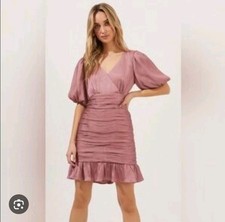ASTR The Label Mauve Pink Puff Sleeve Ruched Ruffle Cut Out Mini Dress (M) #621