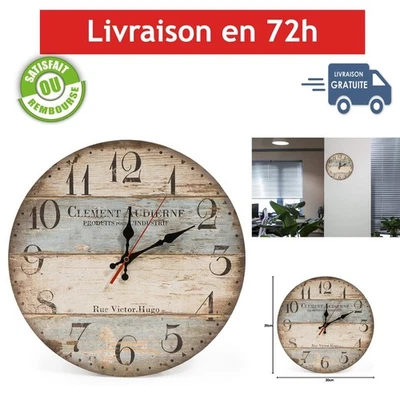 Horloge Murale Vintage 30cm en Bois Silencieuse Décor Maison Salon - Photo 1/4