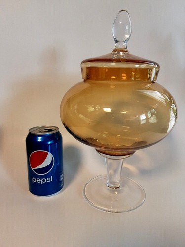 Amber Empoli STYLE Glass Art Large Covered Candy Jar Krosno 13" High - Picture 2 of 8