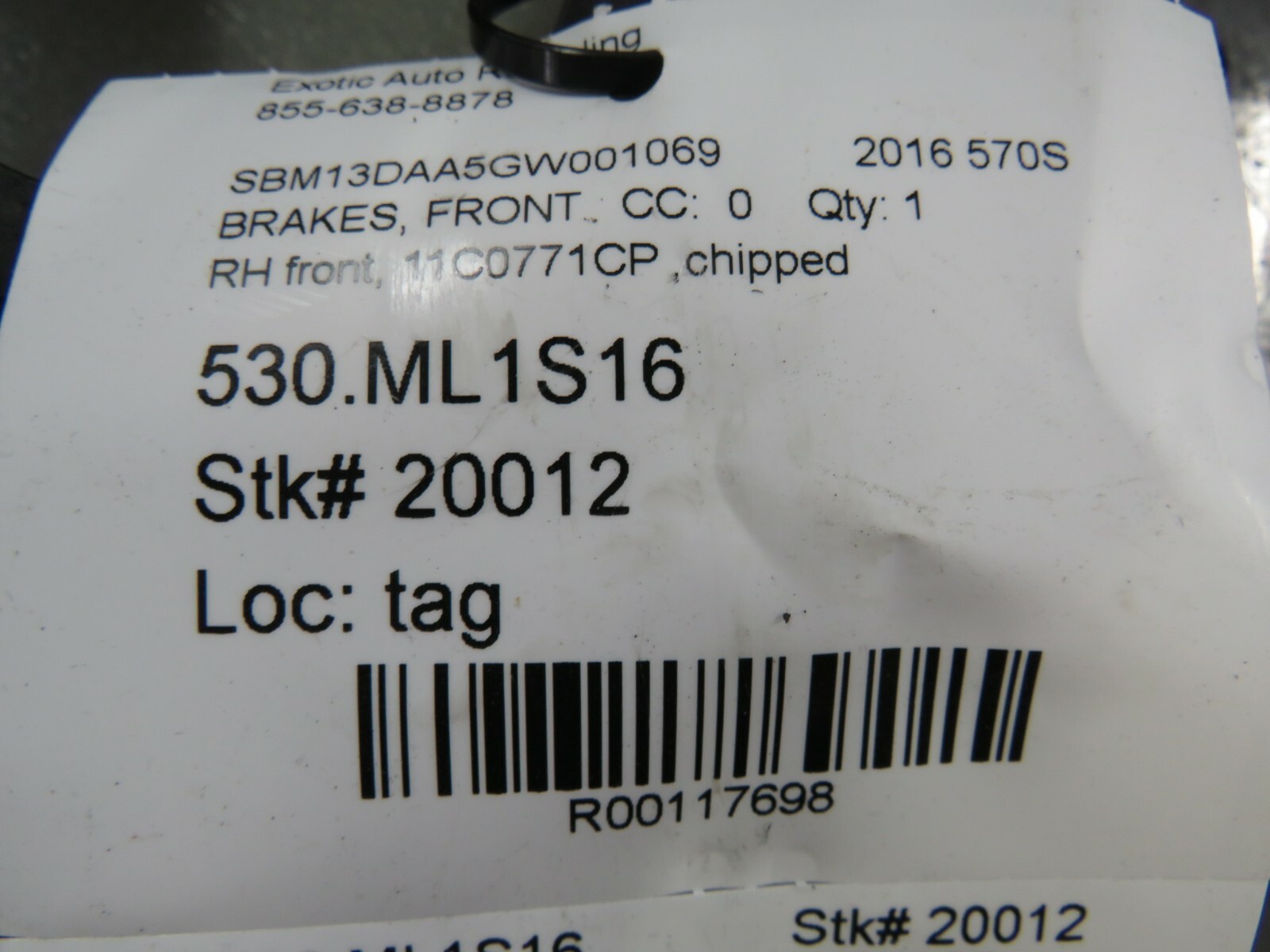 Mclaren 570S, Front Brake Rotor Carbon Ceramic, Chipped, Used, P/N 11C0771CP