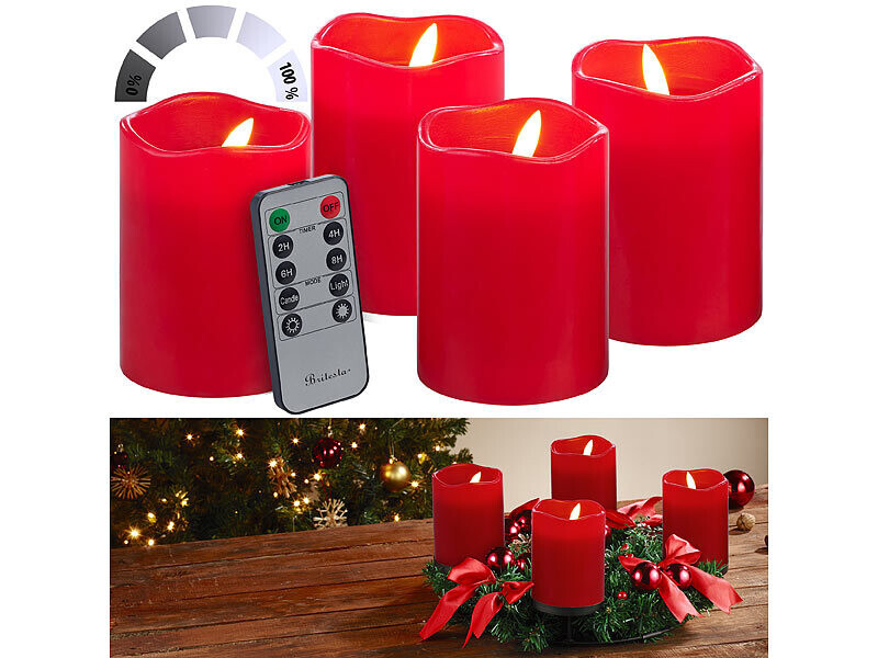Bougies de l'Avent en cire LED rouge effet flamme avec télécommande premium
