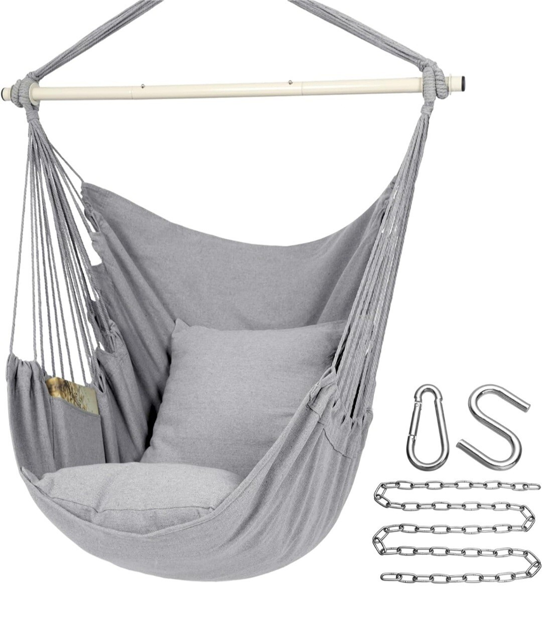 Silla Hamaca Colgante Cuerda Columpio Silla, Máximo 500 Lbs, 2 Cojines de Asiento, Gris Claro