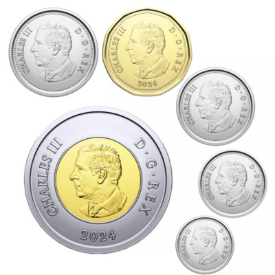   Canada 2024 Coins Set, Six New Coins $1 Dollar $2, King Charles Effigy 2024