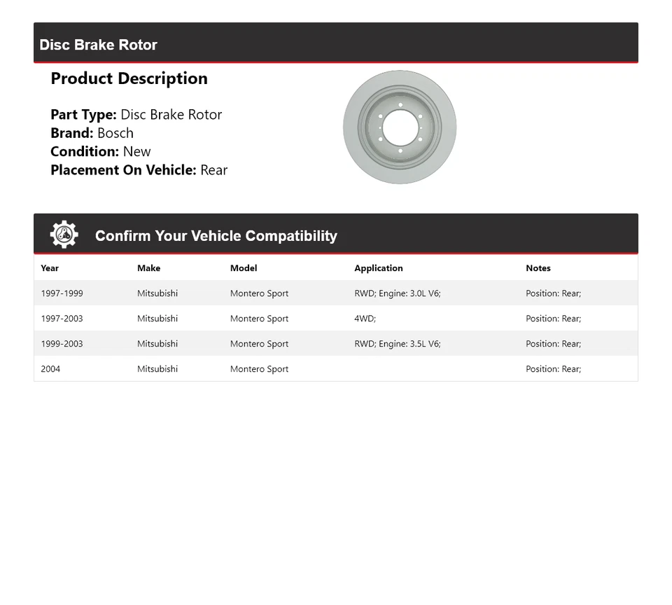 Rotor de freno de disco trasero QuietCast Bosch Sport 1997-2004 Mitsubishi Montero Sport Foto 2 de 4