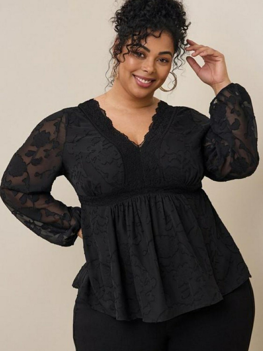 Torrid Black Clip Floral Long Sleeve Babydoll Blouse Top Plus Size