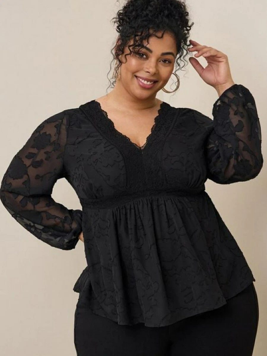 Torrid Black Clip Floral Long Sleeve Babydoll Blouse Top Plus Size 1X, 14/16