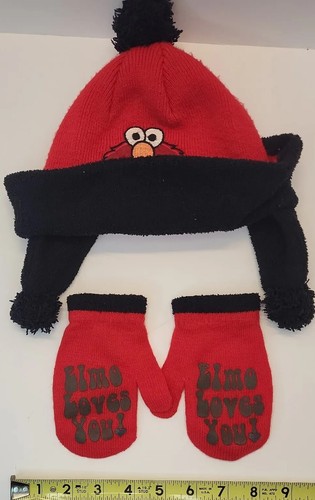 Elmo Loves You Youth Red Winter Hat and Gloves Sesame Street Workshop 2007 - Picture 4 of 14