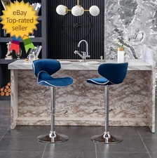 Masaccio Velvet Upholstered Adjustable Swivel Barstool, Set of 2, Blue