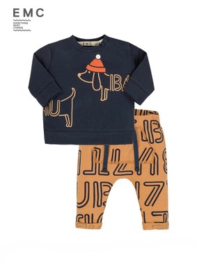 EMC 2tlg Sweatshirt & Jogginghose Baby Jungen Wuff Navy Cognac Gr. 68 86 NeU