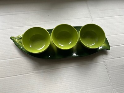 PIER 1 GREEN PEAS IN A POD DIP CONDIMENT TRAY HAND PAINTED IRONSTONE FIGURAL