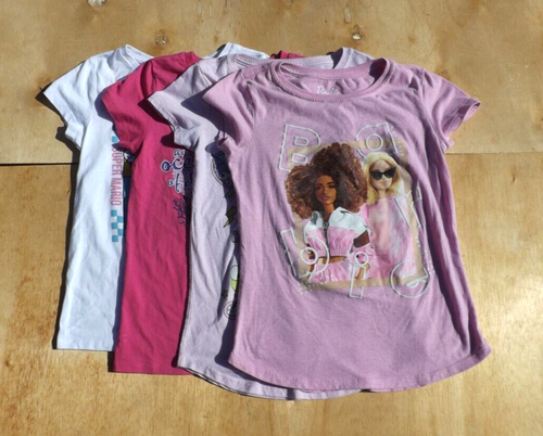 Girls Size Large (10) T-Shirts Hello Kitty Super Mario Barbie Pink White