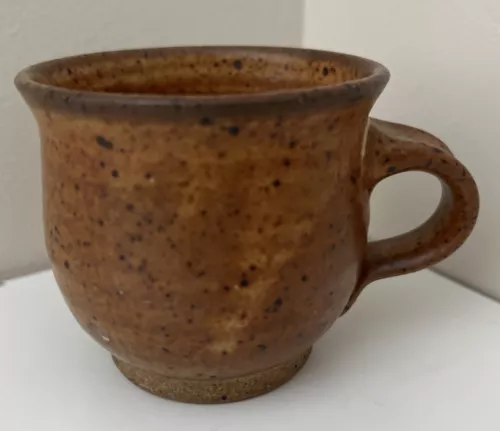 Handcrafted Art Pottery Mug MCM Brown Speckled Small 3" Tall Signed 1960s