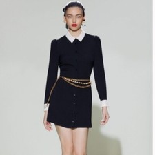 Reformation Scheana Crepe Mini Shirt Dress Black Button-Up with White Accents