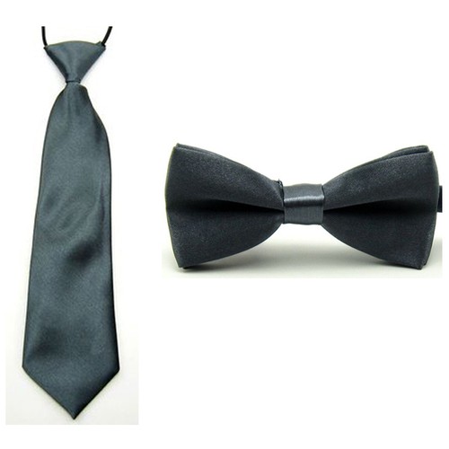 Boy Kids Baby Solid Satin Plain Bow Bowtie Match Pre-tied Elastic Neck Tie Set - Picture 3 of 21