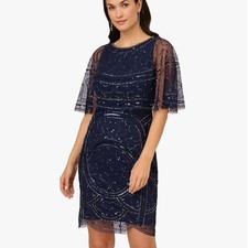 NWT Adrianna Papell Sparkle Beaded Mesh Popover Dress Cocktail Evening Navy Sz 4