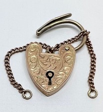 Beautiful Decorated 9ct OLD GOLD HEART LOCK with SAFETY CHAIN for Bracelet 3.3g
