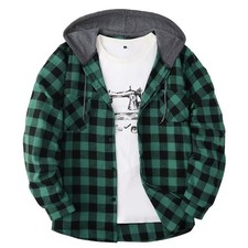 MENS SHIRT Plaid Hooded Shirts LUMBERJACK FLANNEL WORK JACKET Long Sleeve TOP