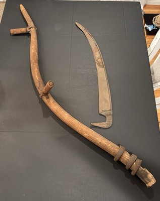 Antique Hand Forged Hay/Brush Sickle Scythe Blade with Wooden Snath Handle