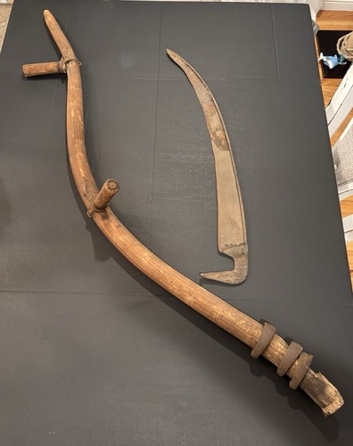Antique Hand Forged Hay/Brush Sickle Scythe Blade with Wooden Snath Handle