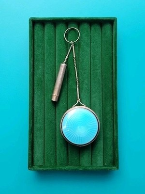 F&B Foster Bailey Blue Guilloche Enamel Sterling Silver Ring Compact Lipstick 