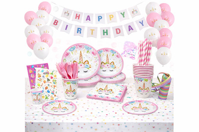 8er Komplettset Mädchen Kindergeburtstag Einhorn Party Banner Ballons Geschirr