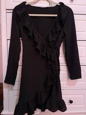 Boohoo Petite Women’s Black Wrap Sheer Long Sleeve Ruffle Dress US-6